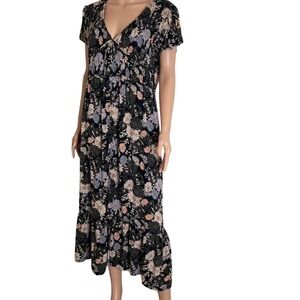 Maurices dress black floral print tiered faux button up V-neck lightweight SZ XL